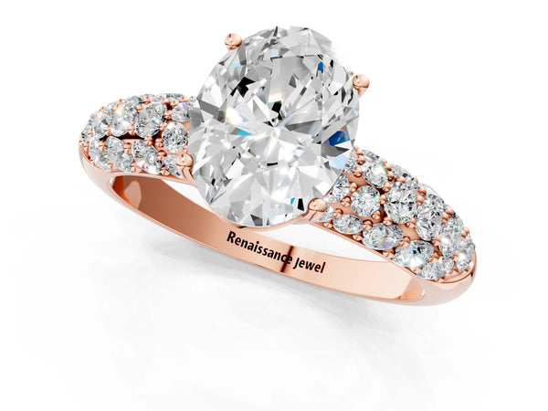 Rose gold Oval Diamond Pavé Band Solitaire Ring with Four-Prong Setting