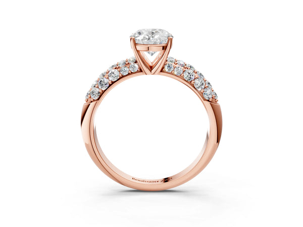 Rose gold Oval Diamond Pavé Band Solitaire Ring with Four-Prong Setting