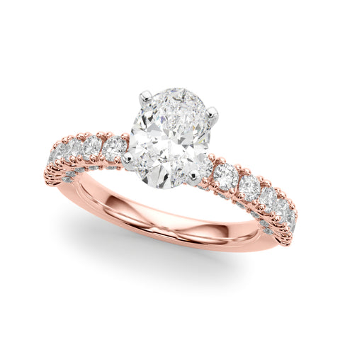 Rose gold Oval Diamond Pavé Band Solitaire Ring with Four-Prong Setting