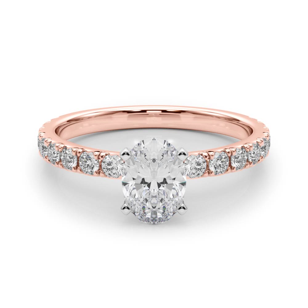 Rose gold Oval Diamond Pavé Band Solitaire with Four-Prong Setting 1