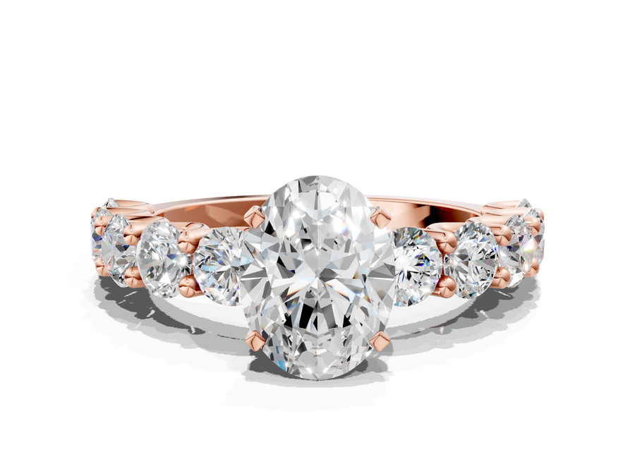 Rose gold Oval Cut Diamond Prong Setting with Side Stones on a Pave Band
