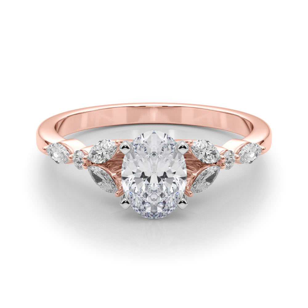 Rose gold Oval Diamond Solitaire with Side Stones on a White Gold Band and Four-Prong Setting 1