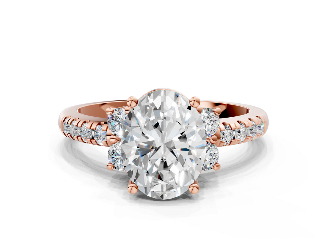 Rose gold Oval Diamond Three-Stone Pave Band with Four-Prong Setting_32