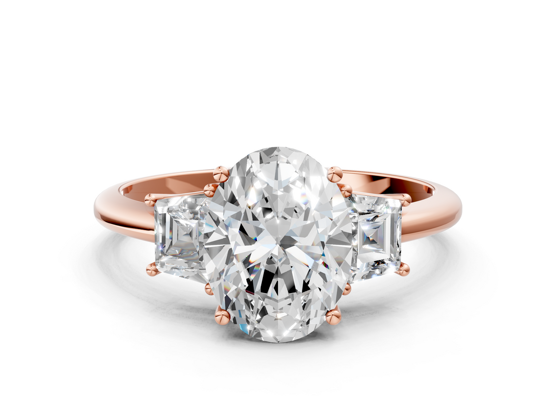 Rose gold Oval Diamond Three-Stone Ring with Trapezoid Side Stones and Prong Setting_22