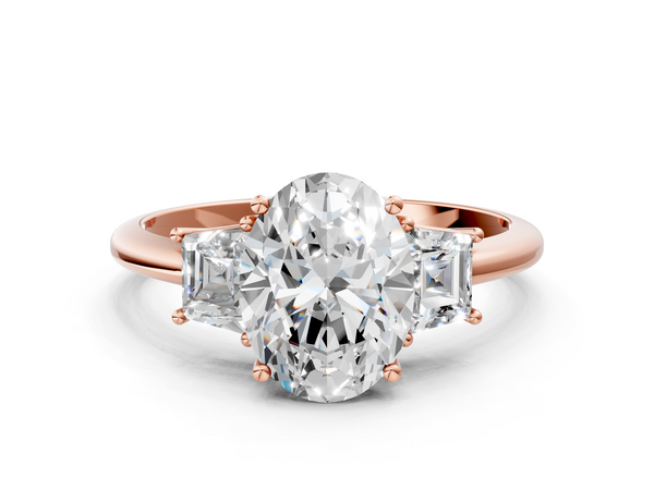 Rose Gold Oval Three Stone Engagement Ring Setting with Trapezoid Side Stones and Prong Head