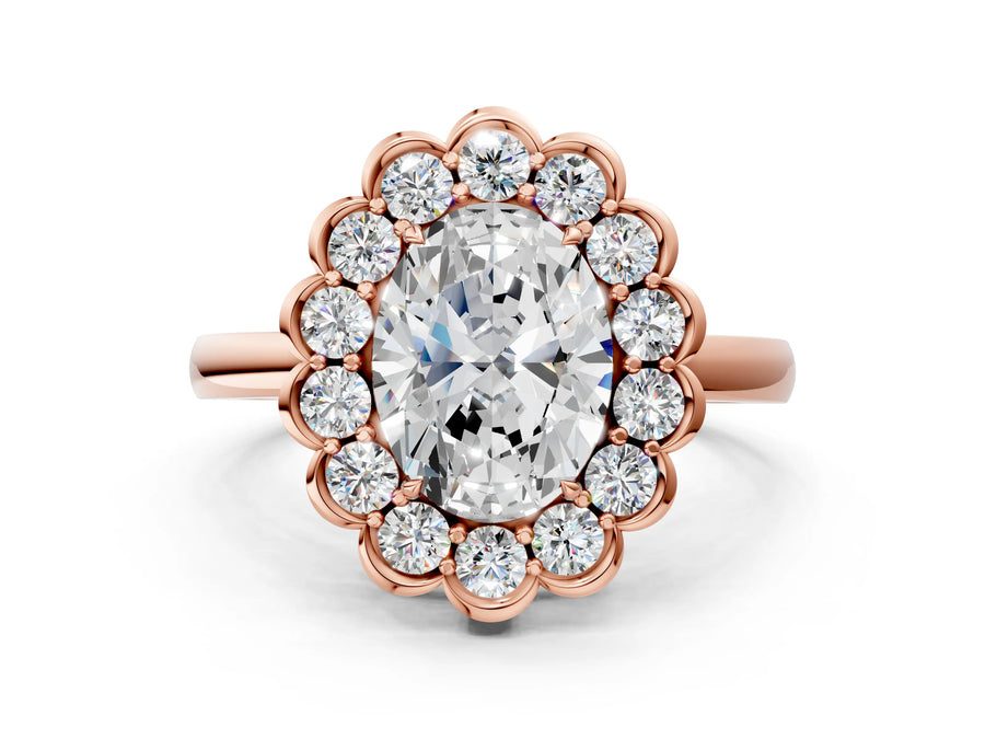 Rose gold Oval Halo Cluster Diamond Engagement Ring with Solitaire Band and Prong Setting