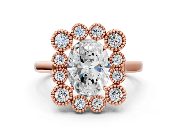 Rose gold Oval Halo Diamond Cluster Engagement Ring with Milgrain Bezel Setting and Solitaire Band
