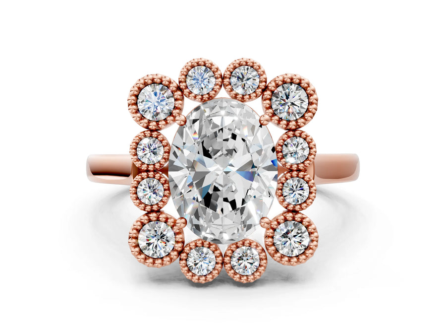 Rose gold Oval Halo Diamond Cluster Engagement Ring with Milgrain Bezel Setting and Solitaire Band