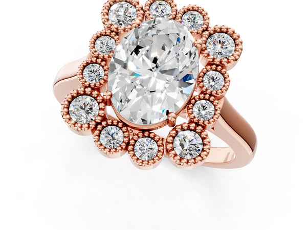 Rose gold Oval Halo Diamond Cluster Engagement Ring with Milgrain Bezel Setting and Solitaire Band
