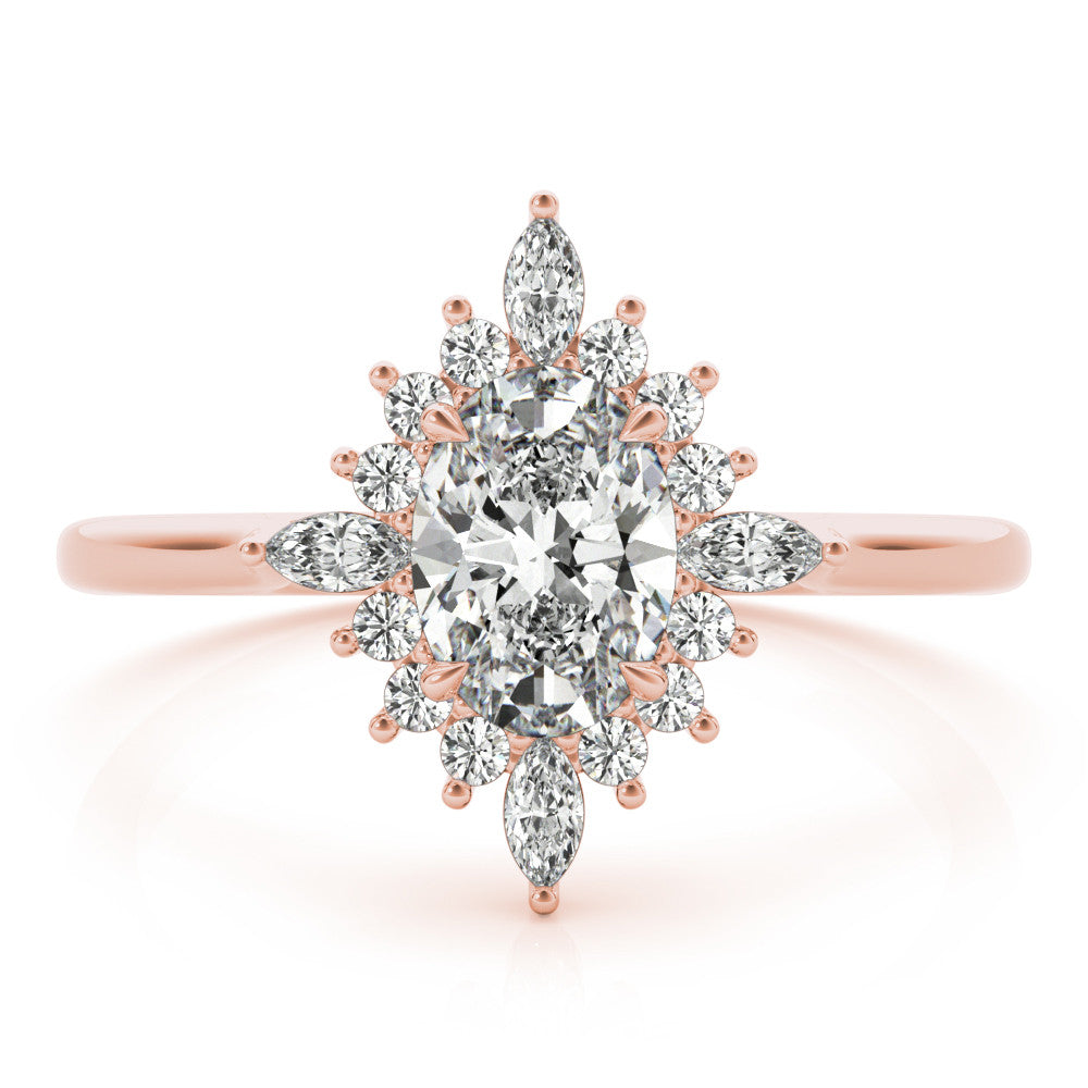 Rose gold Oval Halo Diamond Cluster Ring with Marquise and Round Stones on a White Gold Band with Prong Setting 1