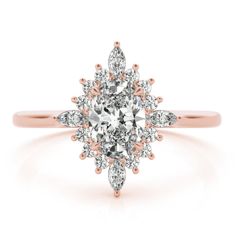 Rose gold Oval Halo Diamond Cluster Ring with Marquise and Round Stones on a White Gold Band with Prong Setting 1