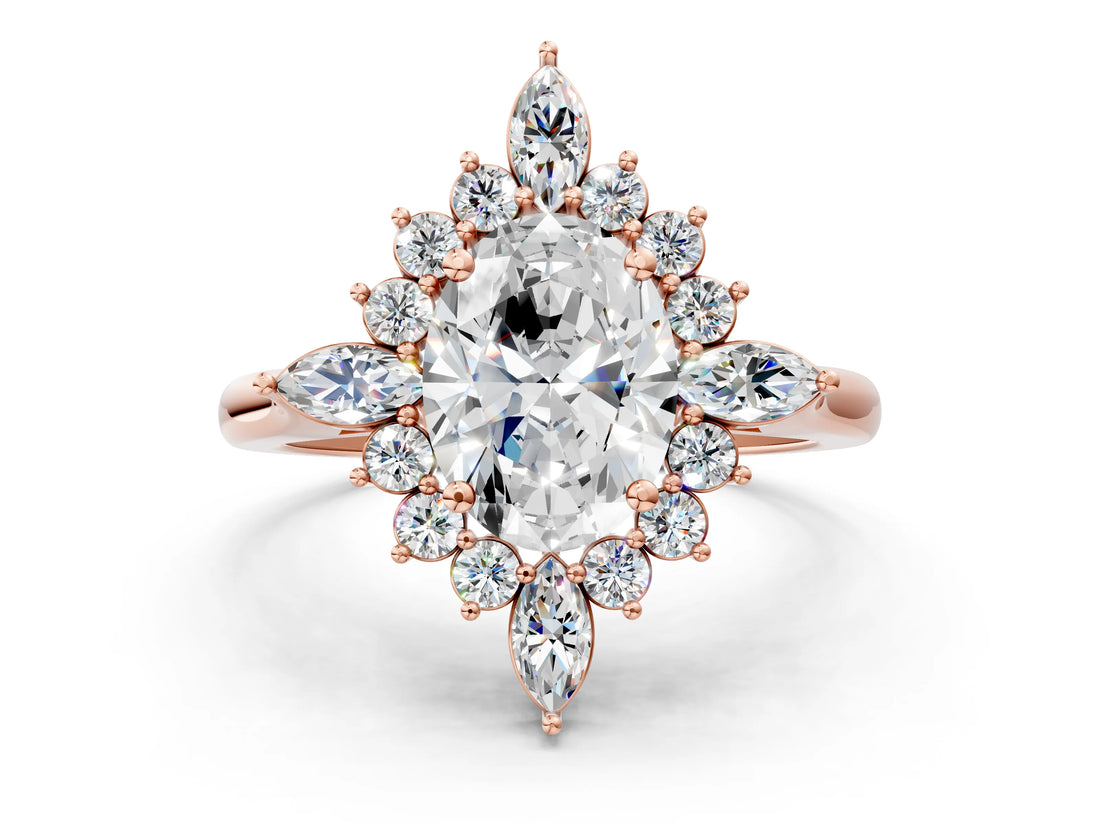 Rose gold Oval Halo Diamond Cluster Ring with Marquise and Round Stones on a White Gold Band with Prong Setting_32