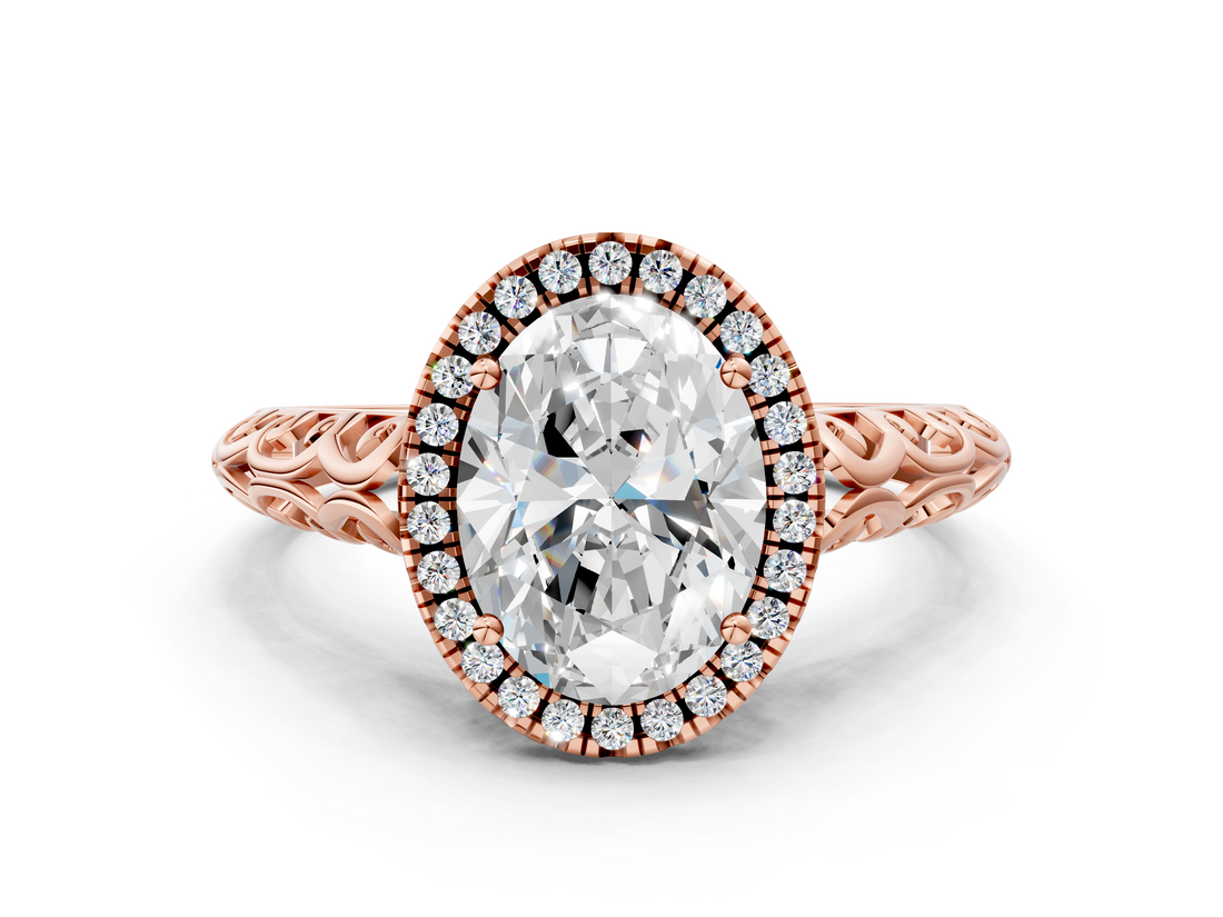 Rose gold Oval Halo Diamond Engagement Ring with Intricate Filigree Band and Four-Prong Setting_37