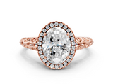 Rose gold Oval Halo Diamond Engagement Ring with Intricate Filigree Band and Four-Prong Setting_37