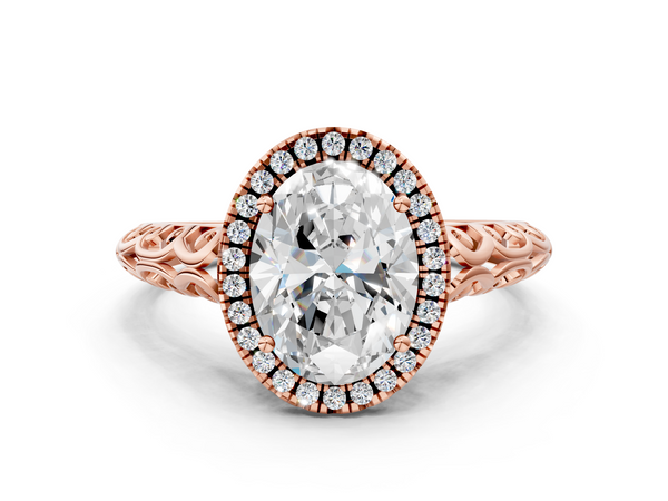 Rose gold Oval Halo Diamond Engagement Ring with Intricate Filigree Band and Four-Prong Setting