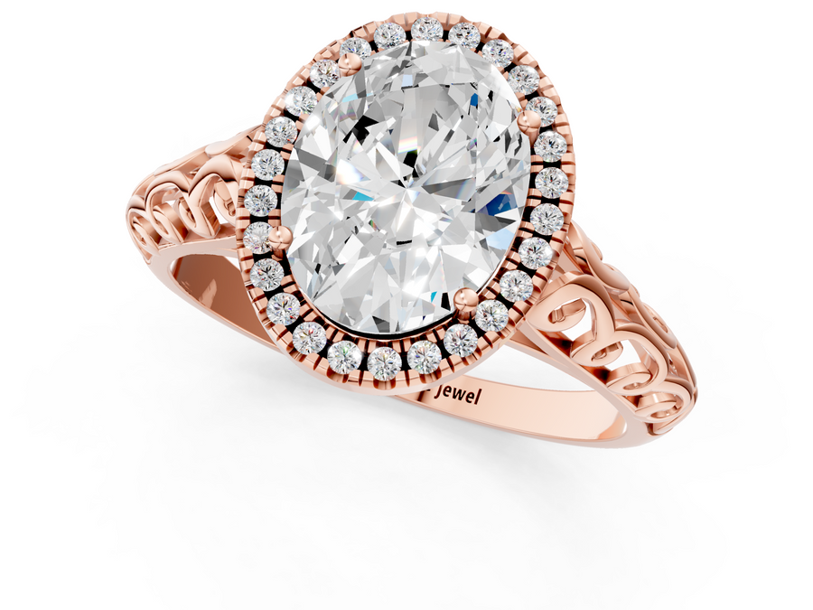 Rose gold Oval Halo Diamond Engagement Ring with Intricate Filigree Band and Four-Prong Setting