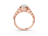 Rose gold Oval Halo Diamond Engagement Ring with Intricate Filigree Band and Four-Prong Setting_40