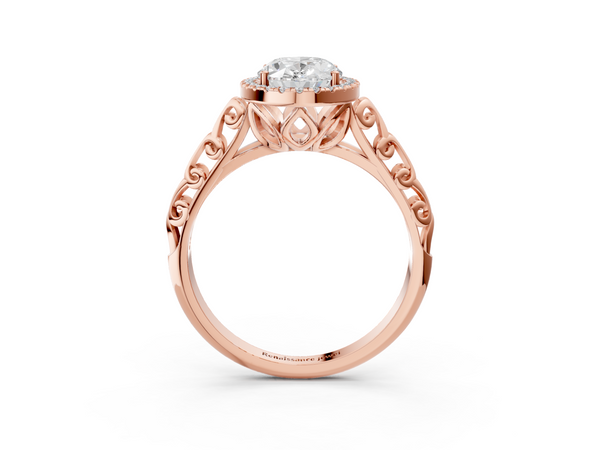 Rose gold Oval Halo Diamond Engagement Ring with Intricate Filigree Band and Four-Prong Setting