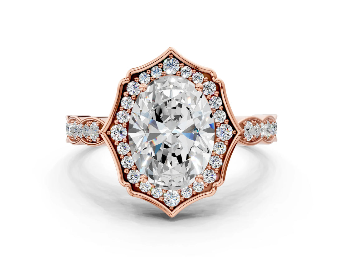Rose gold Oval Halo Diamond Engagement Ring with Milgrain Band and Four-Prong Setting_52