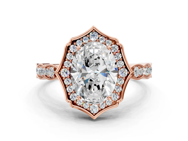 Rose gold Oval Halo Diamond Engagement Ring with Milgrain Band and Four-Prong Setting