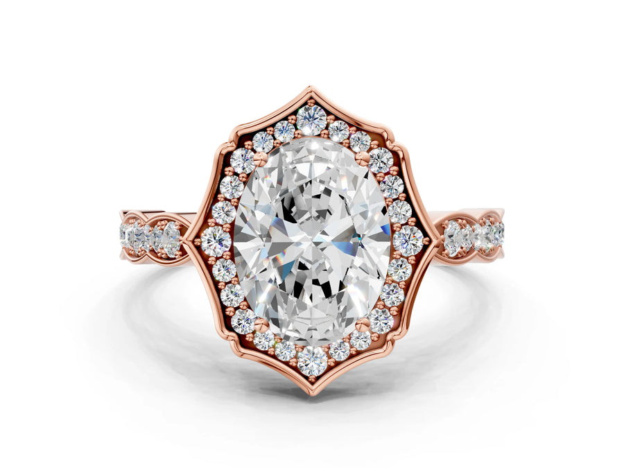 Rose gold Oval Halo Diamond Engagement Ring with Milgrain Band and Four-Prong Setting