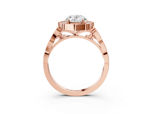 Rose gold Oval Halo Diamond Engagement Ring with Milgrain Band and Four-Prong Setting