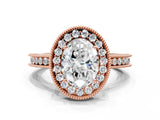 Rose gold Oval Halo Diamond Engagement Ring with Milgrain Pave Band and Four-Prong Setting_129