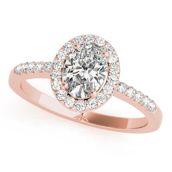 Rose gold Oval Halo Diamond Engagement Ring with Pavé Band and Four-Prong Setting