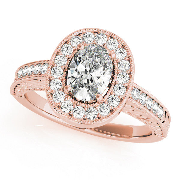 Rose gold Oval Halo Diamond Engagement Ring with Pave Band and Four-Prong Setting