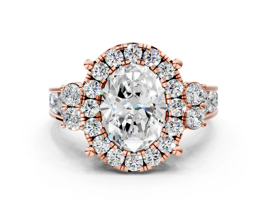 Rose gold Oval Halo Diamond Engagement Ring with Split Shank and Four-Prong Setting