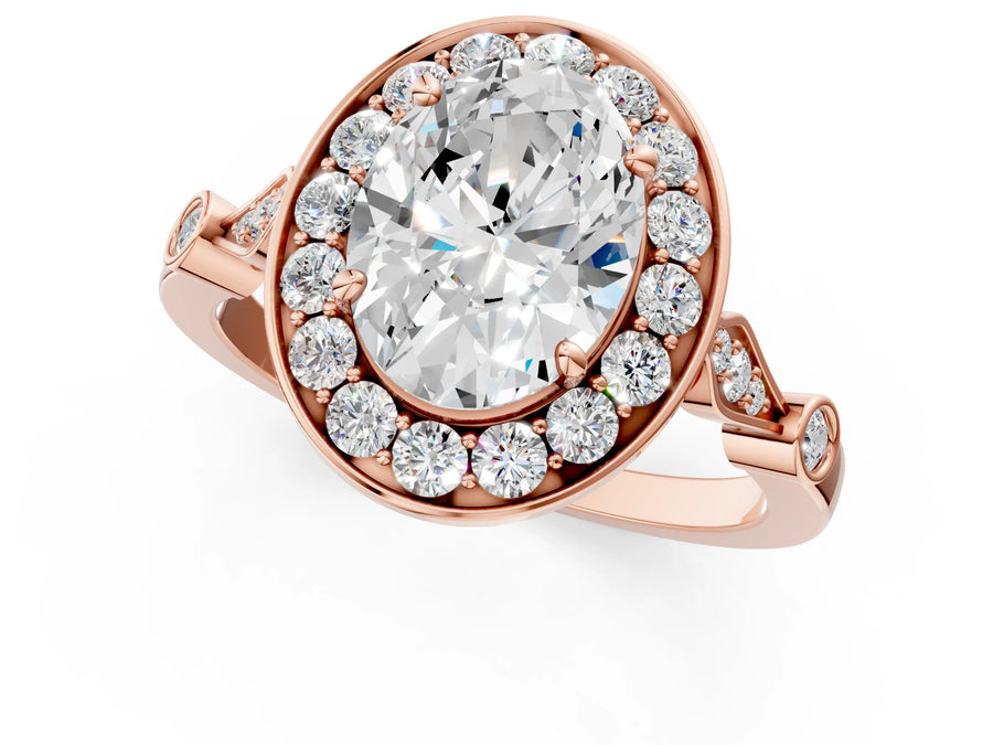 Rose gold Oval Halo Diamond Engagement Ring with Twisted Band and Four-Prong Setting
