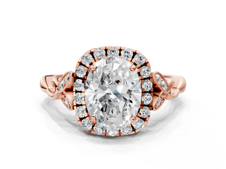 Rose gold Oval Halo Diamond Engagement Ring with Vintage-Inspired Band and Four-Prong Setting