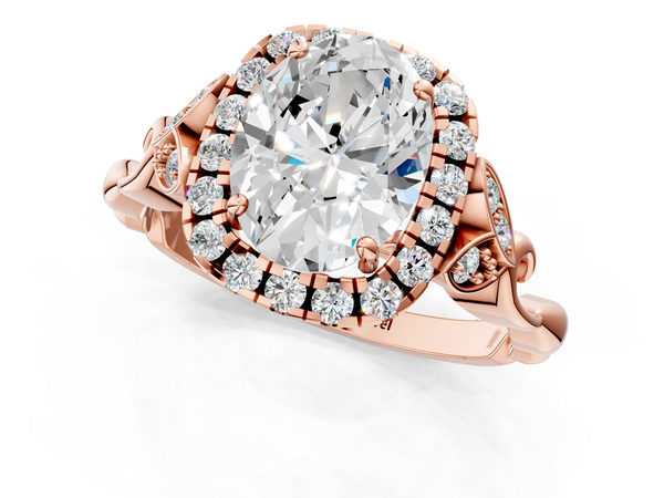 Rose gold Oval Halo Diamond Engagement Ring with Vintage-Inspired Band and Four-Prong Setting