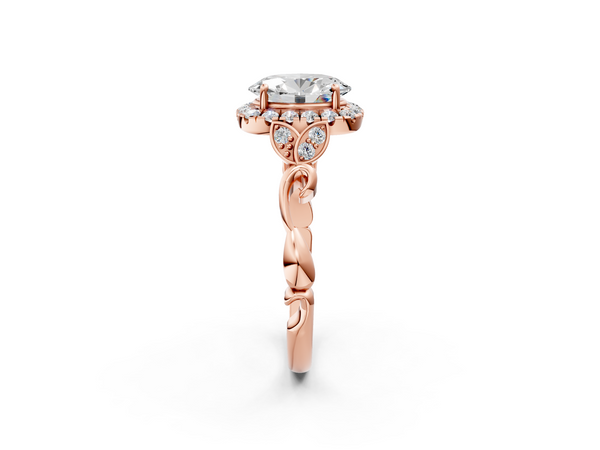 Rose gold Oval Halo Diamond Engagement Ring with Vintage-Inspired Band and Four-Prong Setting