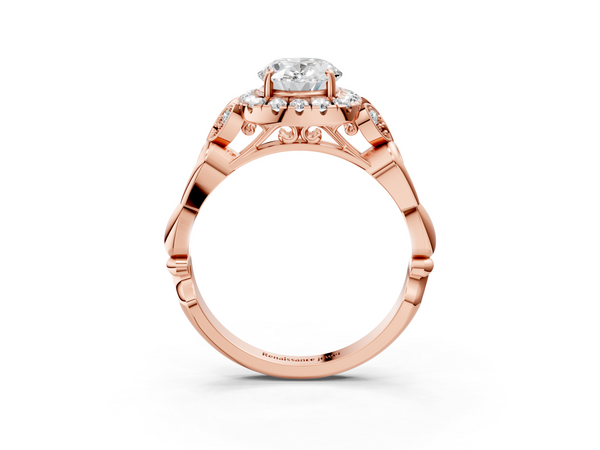 Rose gold Oval Halo Diamond Engagement Ring with Vintage-Inspired Band and Four-Prong Setting