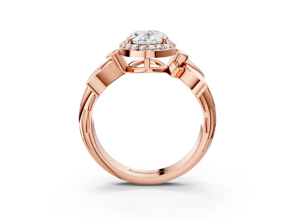 Rose Gold Oval Halo Engagement Ring Setting with Floral Leaf Shoulders