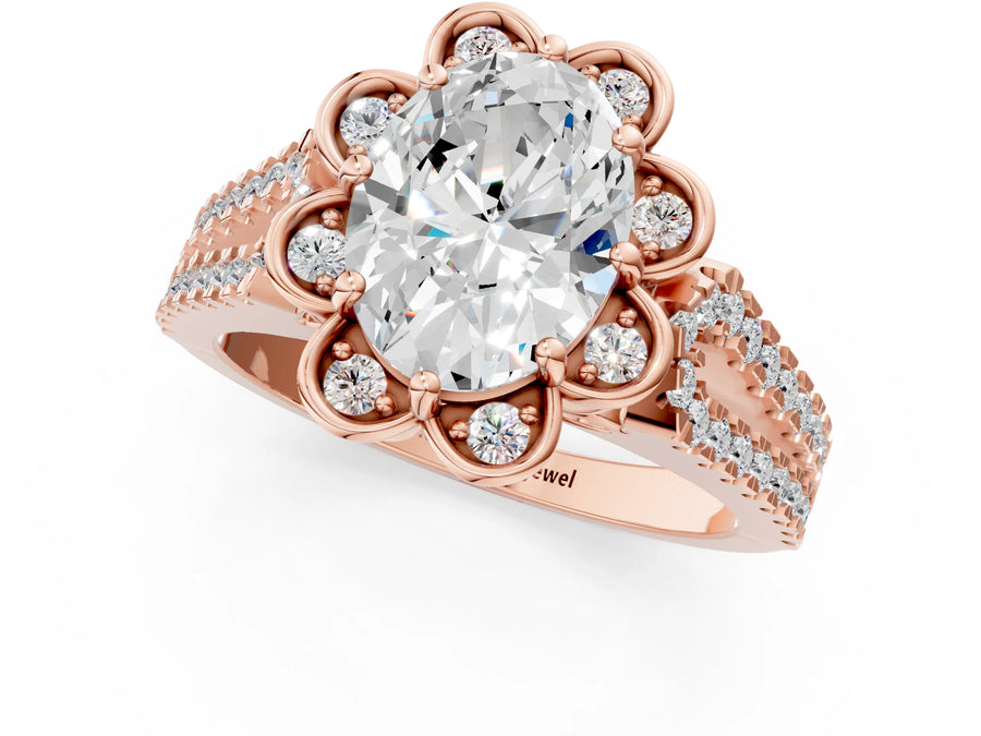 Rose gold Oval Halo Diamond Floral Split Shank Engagement Ring