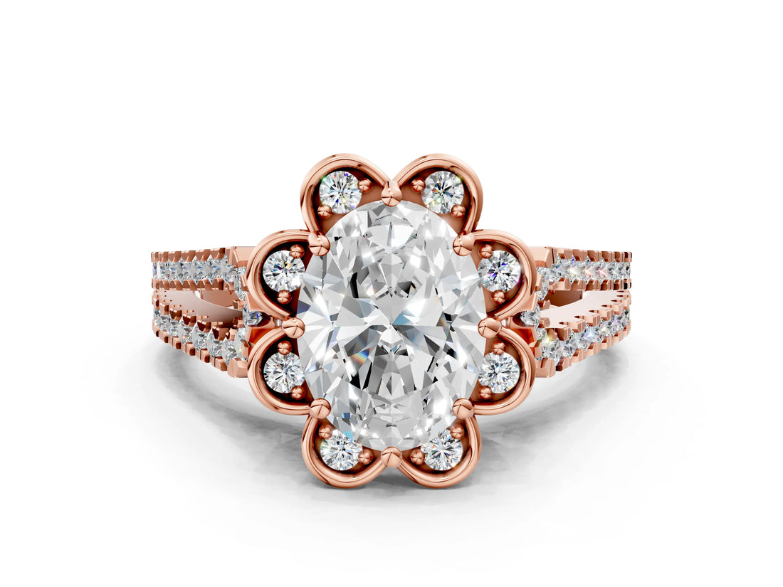 Rose gold Oval Halo Diamond Floral Split Shank Engagement Ring