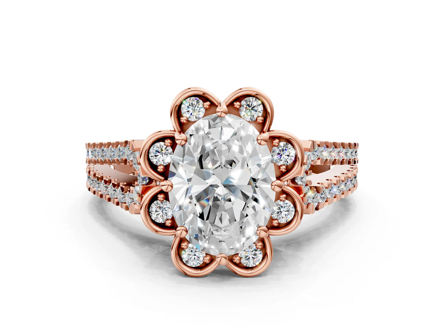 Rose gold Oval Halo Diamond Floral Split Shank Engagement Ring