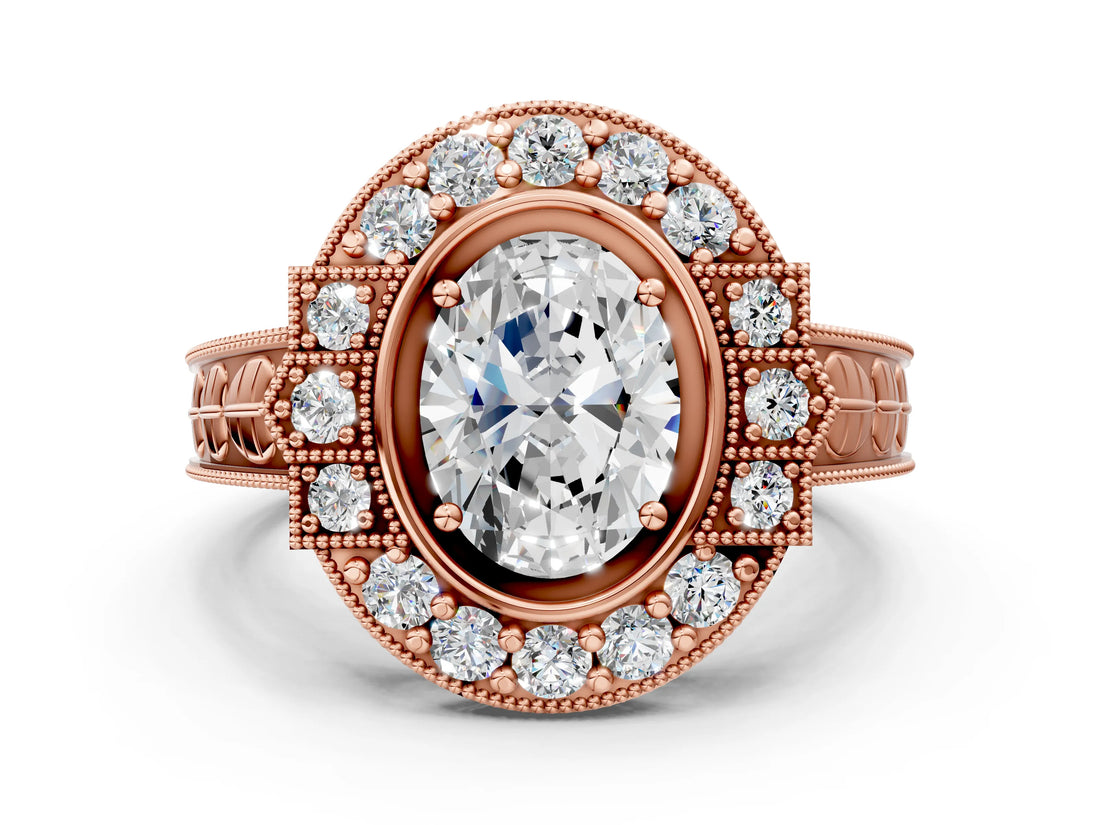 Rose gold Oval Halo Diamond Ring with Milgrain Bezel and Prong Setting_6