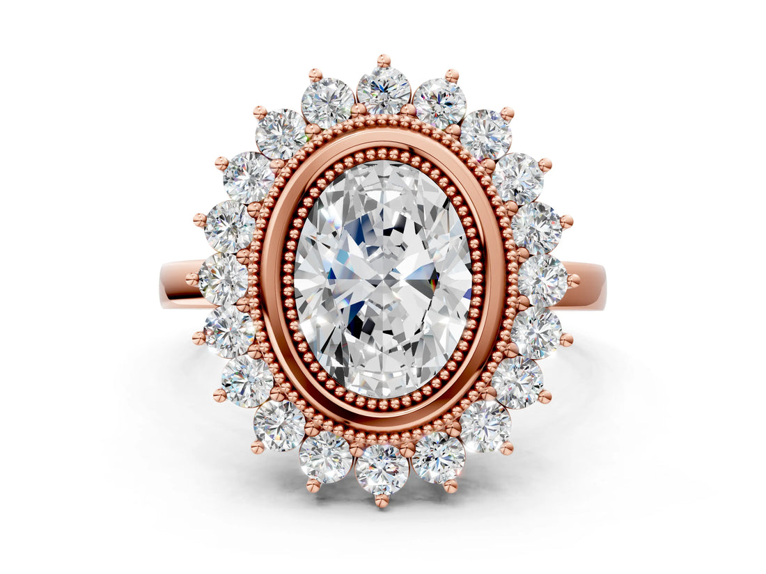 Rose gold Oval Halo Diamond Ring with Milgrain Edge and Round Prong Setting_45