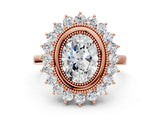 Rose gold Oval Halo Diamond Ring with Milgrain Edge and Round Prong Setting_45