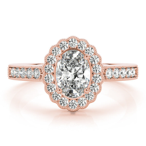 Rose gold Oval Halo Diamond Ring with Pavé Band and Four-Prong Setting 1