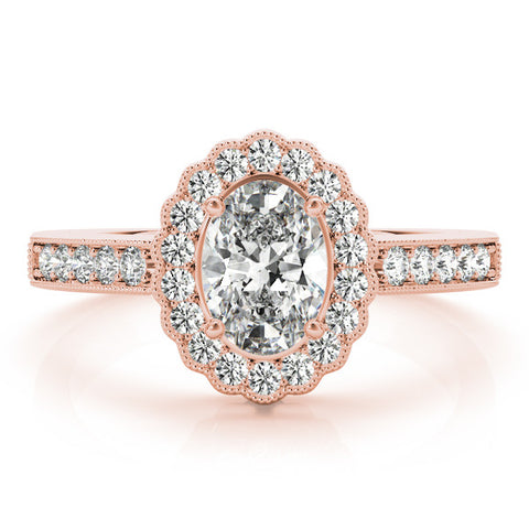 Rose gold Oval Halo Diamond Ring with Pavé Band and Four-Prong Setting 1