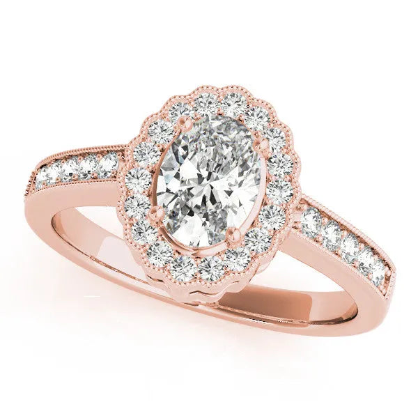 Rose gold Oval Halo Diamond Ring with Pavé Band and Four-Prong Setting