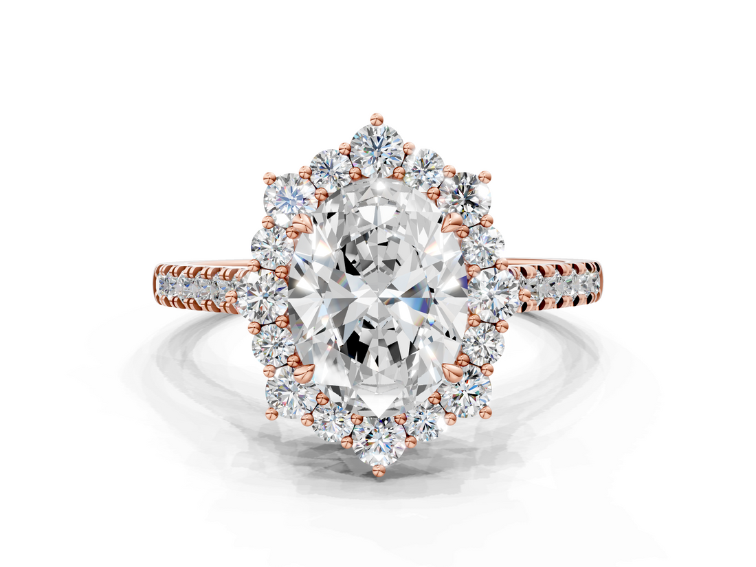 Rose gold Oval Halo Diamond Ring with Pavé Band and Prong Setting_56