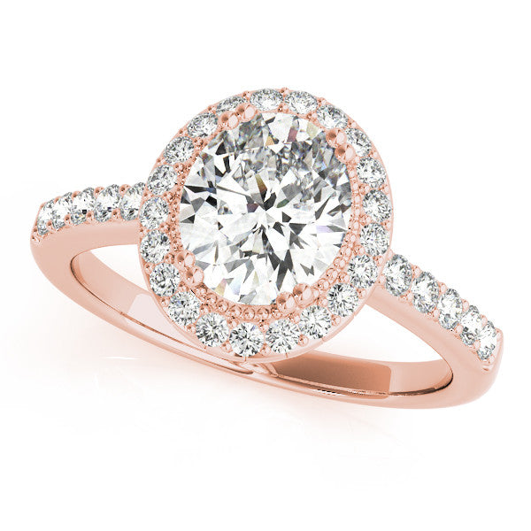 Rose gold Oval Halo Diamond Ring with Pave Band and Four-Prong Setting