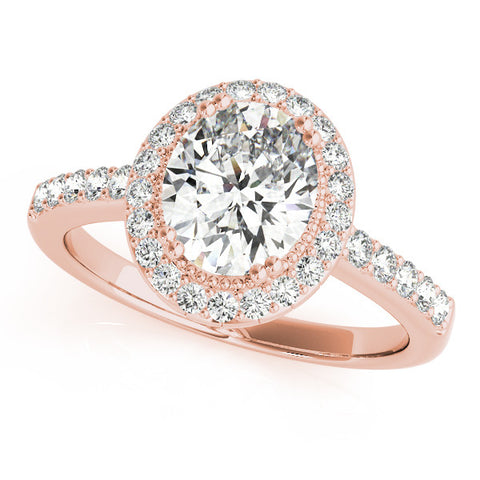 Rose gold Oval Halo Diamond Ring with Pave Band and Four-Prong Setting