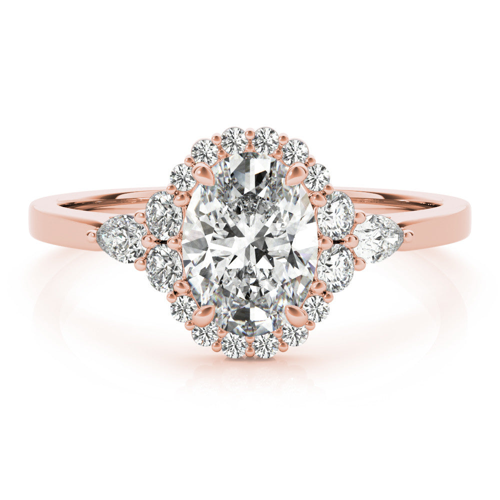 Rose gold Oval Halo Diamond Ring with Pear Side Stones and Prong Setting on a Classic Band 1