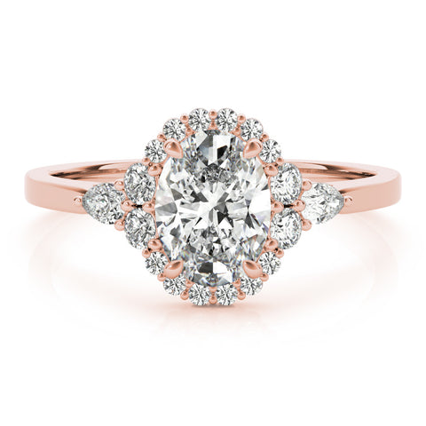 Rose gold Oval Halo Diamond Ring with Pear Side Stones and Prong Setting on a Classic Band 1